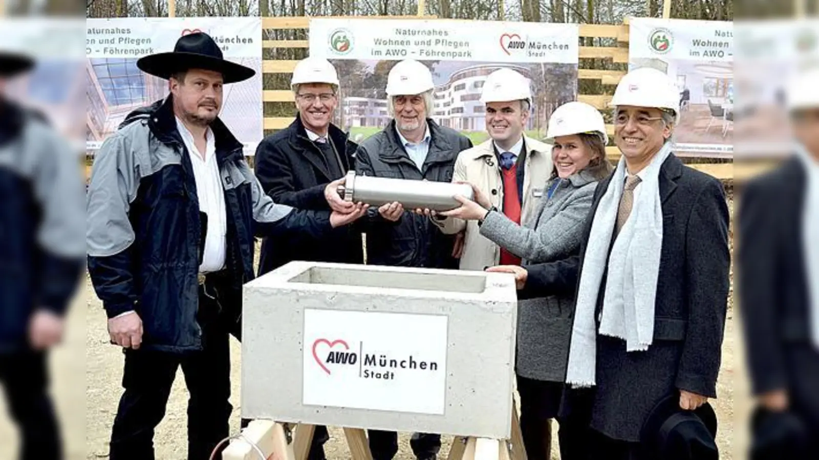 Zimmermann von der Baustelle, Bernd Supthut, Geschäftsführer Unternehmensgruppe Glöckle, Jürgen Salzhuber,  Christoph Frey, von der AWO, Verena Dietl, Stadträtin LH München und Karl Sorge Architekt (von links).  (Foto: AWO München-Stadt)