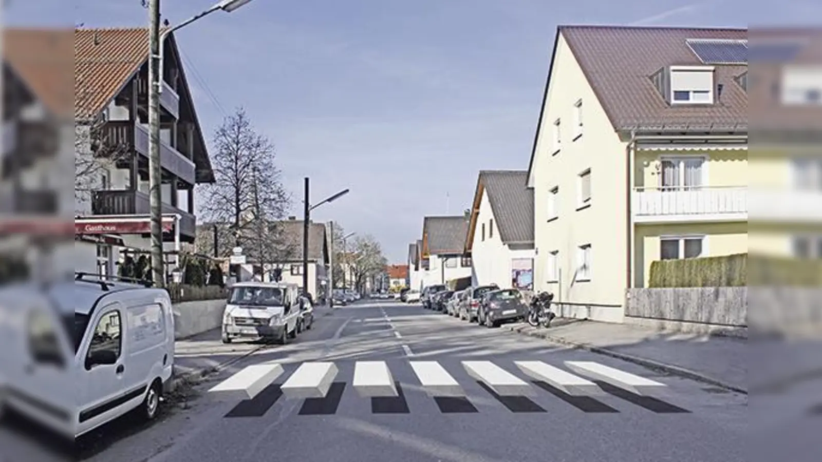 So sieht ein »3D-Zebrastreifen« aus. Der 3D-Effekt ergibt sich durch das perspektivische Aufmalen. Tatsächlich ist der Zebrastreifen flach.	 (Foto: Wochenanzeiger Service GmbH)