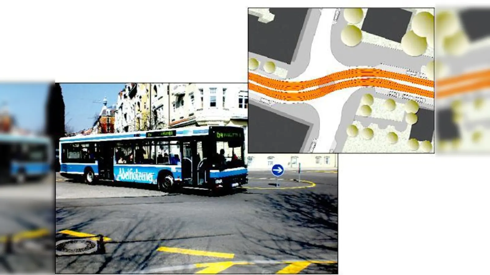 Beim Verkehrskonzept »Minikreisverkehr« (oben) dürfen Busse und andere lange Fahrzeuge gerade über den Platz fahren. 	 (Foto: Hautum Infrastruktur GmbH)