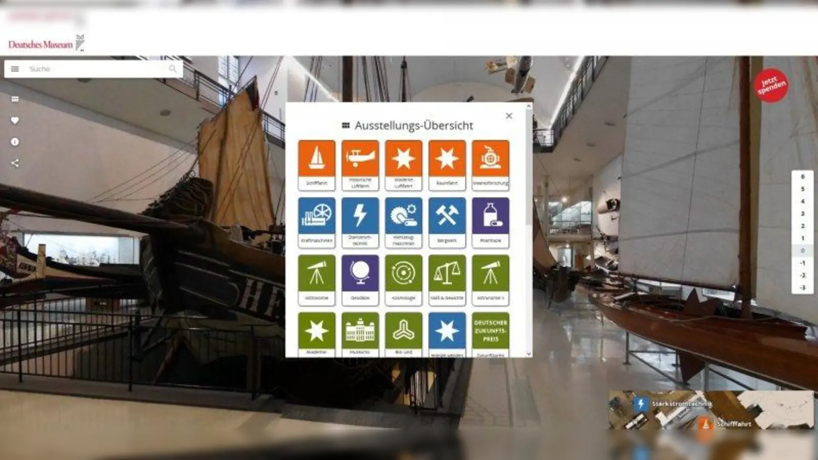 Los geht&#39;s: Wer sich auf virtuelle Tour durch das Deutsche Museum begeben will, kann aus den Abteilungen auswählen. (Foto: Deutsches Museum)