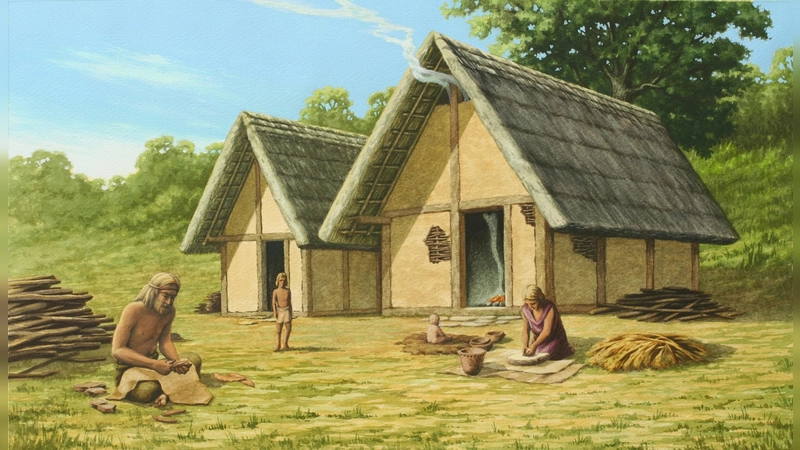 Rekonstruiertes Lebensbild der knapp 6.000 Jahre alten Siedlung am Fuße des Fuchsbergs. (Grafik: Christoph Hausner, München)