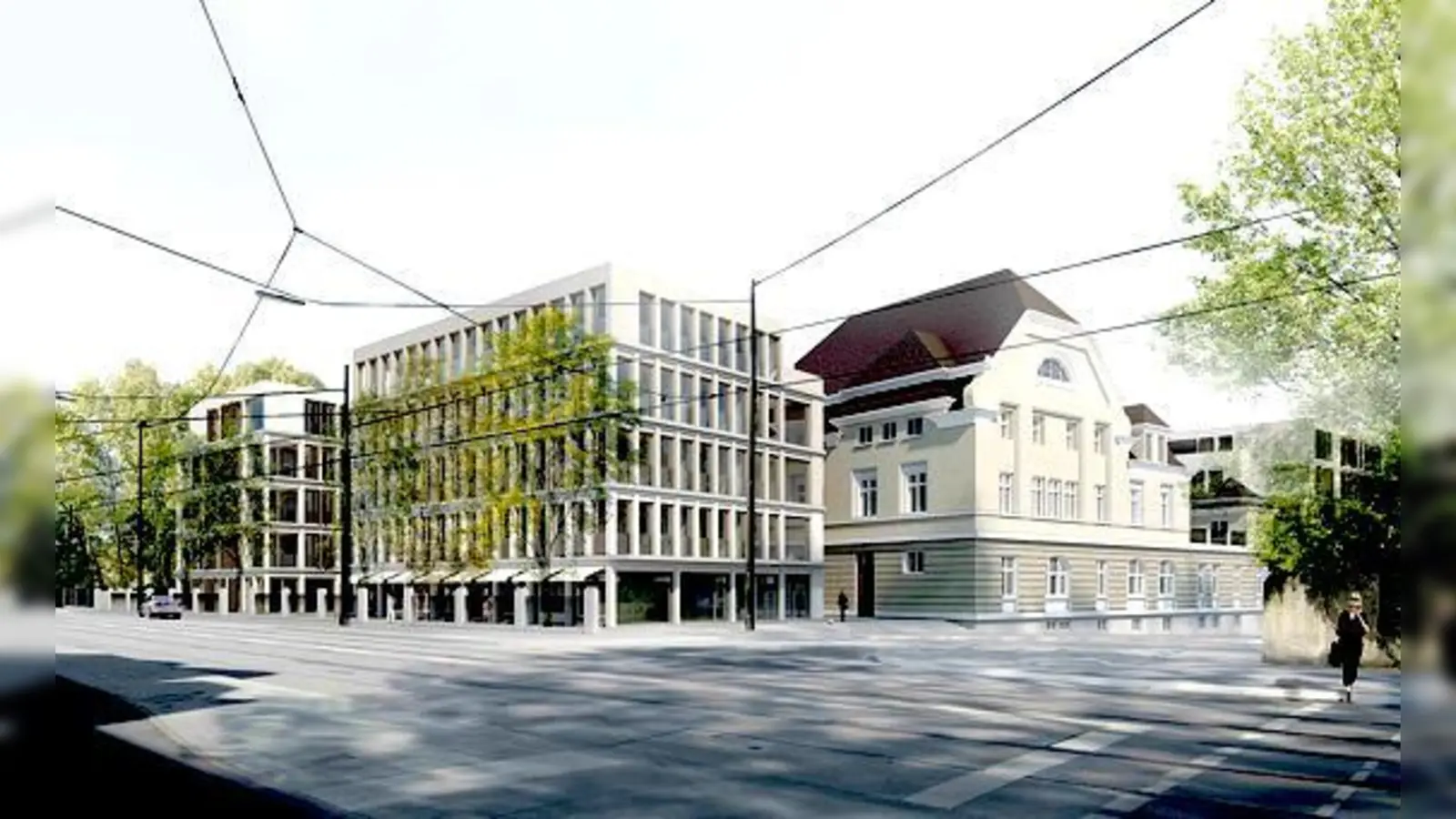 Das neubarocke Gebäude, das 1900 errichtet wurde, bleibt erhalten, daneben entstehen drei- bis fünfstöckige Neubauten.	 (Foto: Laux Architekten)