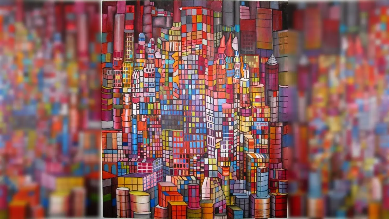 Die Laimer Stadtbibliothek zeigt Werke des freischaffenden Künstlers Friedel Ziegelbauer. Darunter dieses Bild mit dem Titel „Mosaikstadt“. (Foto: Ziegelbauer)