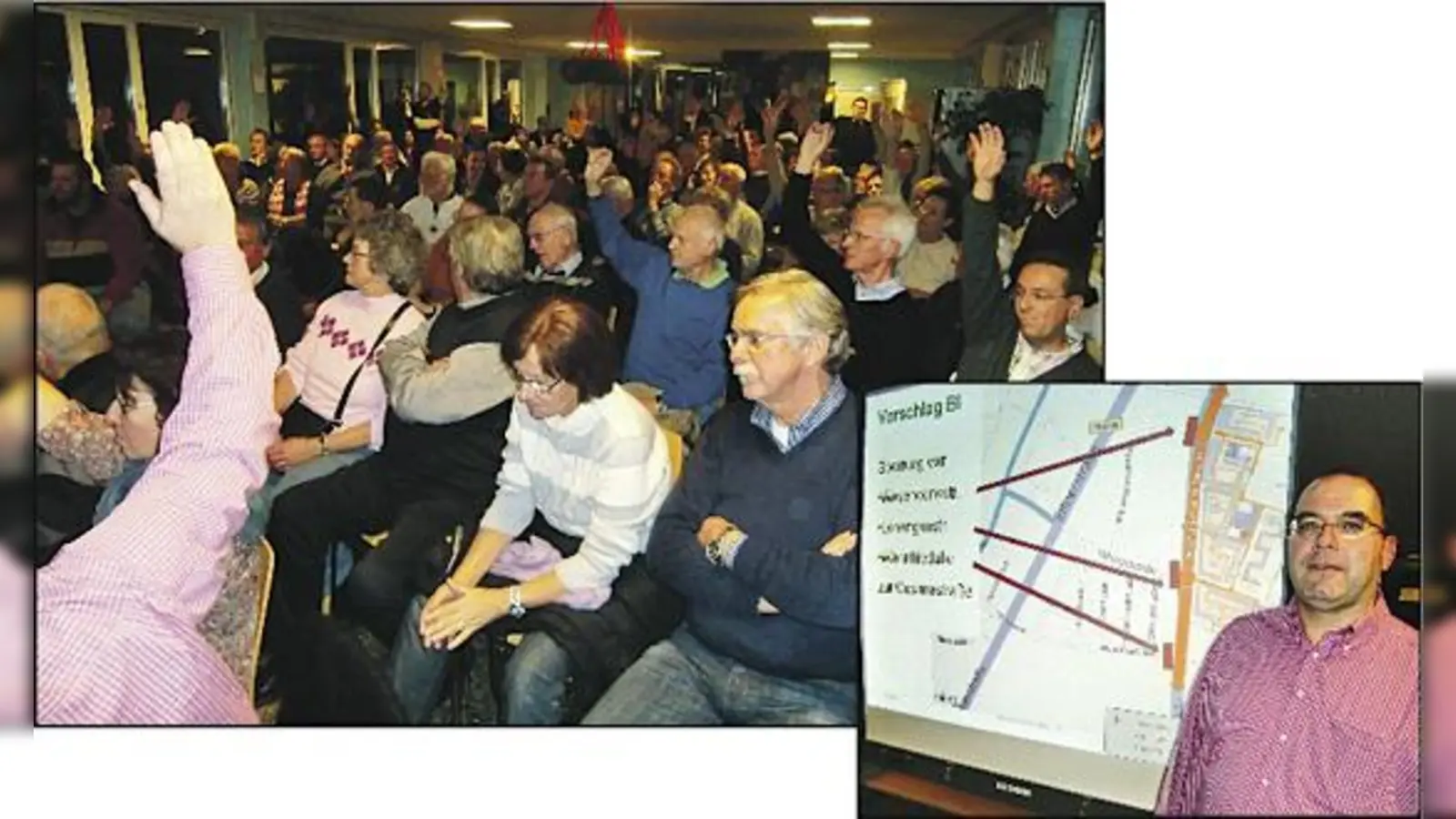 150 Anwohner diskutierten teils hitzig die verkehrliche Anbindung des künftigen Prinz-Eugen-Parks. Michael Schramm, Vorsitzender einer Bürgerinitiative (rechts), erläuterte seine Sicht der Dinge. 	 (Fotos: ikb)