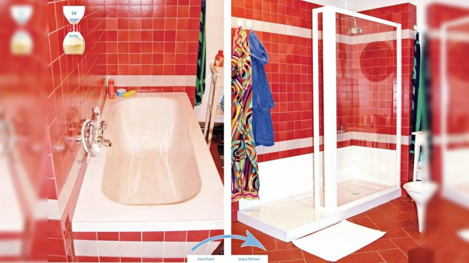 In einem engen Badezimmer wird der Wannenrand für ältere Menschen schnell zum unüberwindbaren<br>Hindernis. Nach dem Umbau der Badewanne zur begehbaren Dusche können auch Menschen mit Bewegungseinschränkungen das eigene Bad wieder problemlos nutzen. (Foto: Tecnobad)