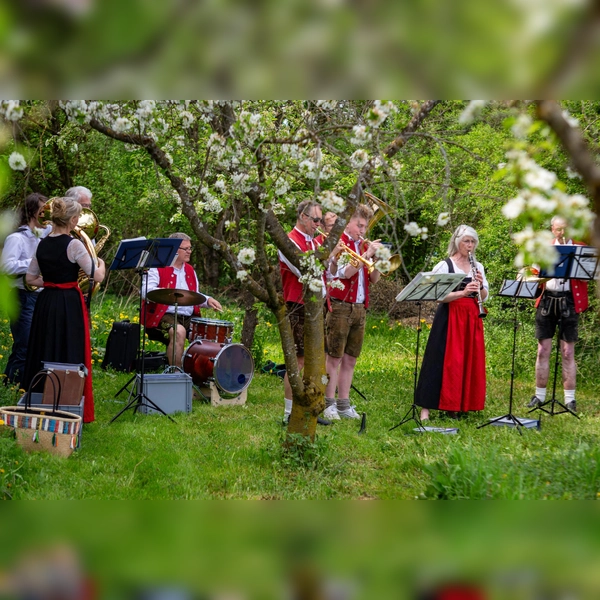Ein stimmungsvolles Konzert unter blühenden Bäumen gab es mit der Blaskapelle Gilching. (Foto: OGV)