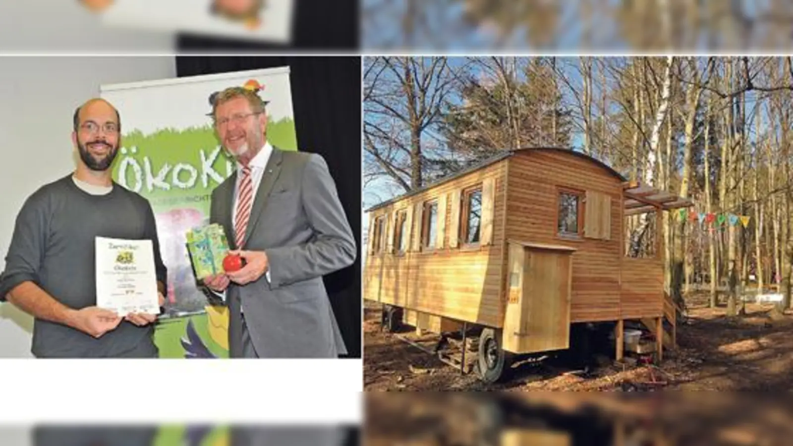 »Unser neuer Bauwagen« heißt das preisgekrönte Projekt der Poinger Wurzelkinder. Kindergartenleiter Thomas Rothe (links) nahm die Auszeichnung von Umweltminister Marcel Huber vor kurzem in München persönlich entgegen.	 (Foto: StMUV, Poinger Wurzelkinder)