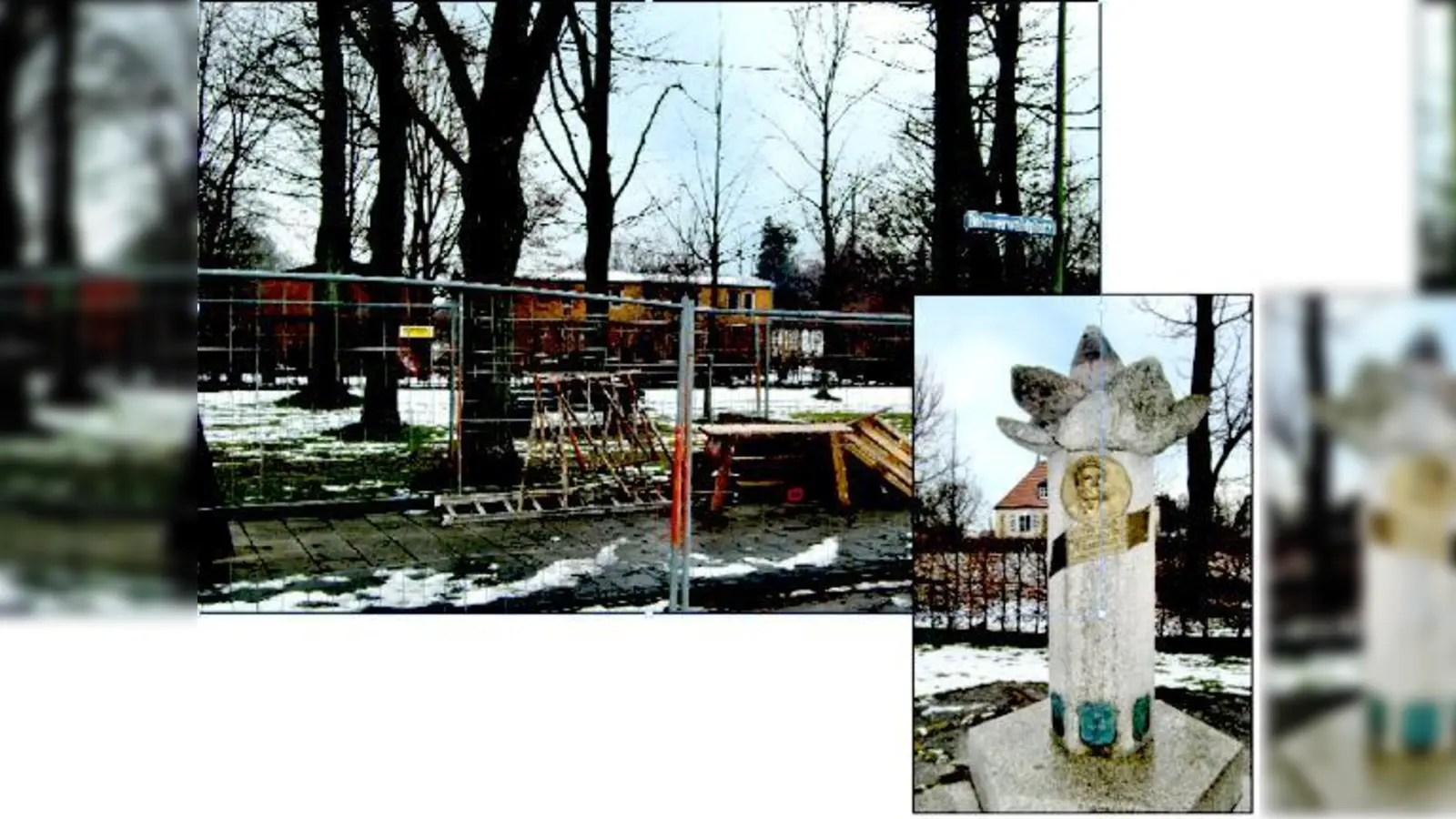 Derzeit noch Lagerplatz für Baumaterial  ab April wird die Grünanlage Böhmerwaldplatz wieder hergerichtet. Das  Adalbert-Stifter-Denkmal im Park  geschaffen von dem  böhmischen Bildhauer Leopold Hafner.	 (Fotos: ikb)