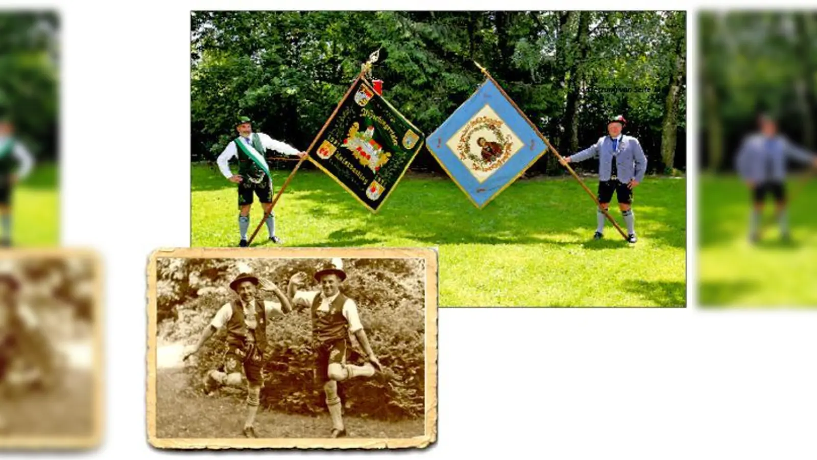 Hans Berger und Heinz Spielmann zeigen stolz die beiden Fahnen des Vereins, die jeweils das Konterfei des König Ludwig II. zeigen. Vorplattler Xaver Trost und Heinz Spielmann von den D Hachingertalern Anfang der 60er-Jahre.  (F.: VA)