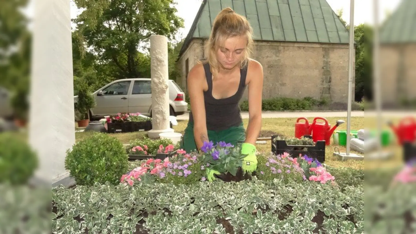 Stefanie Sertoglu bepflanzt „ihr” Grab im Westfriedhof. Bereits zum achten Mal wurde die praktische Prüfung zum Friedhofsgärtner öffentlich durchgeführt. (Foto: tab)