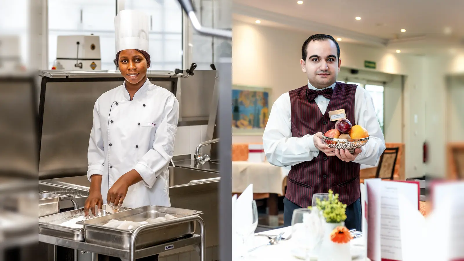 Haby Sall (links) lernt in der Küche, Stanislav Stanev im Restaurant des Augustinum München-Nord. (Foto: Augustinum / Christian Topp)