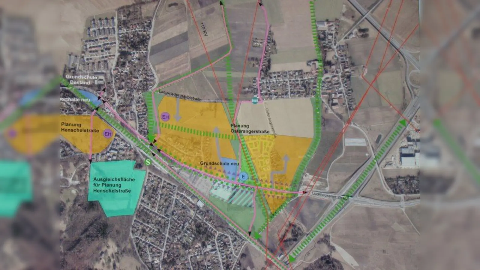 Das wird geplant: Die gelben Bereiche sind Neubaugebiet, die hellbraunen Landwirtschaft, die lila Kreise Einzelhandel und der blaue Bereich ist Ausgleichsfläche. (Foto: Referat für Stadtplanung und Bauordnung.)