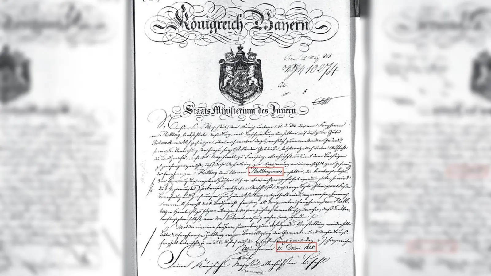 Der Beweis: Schon am 21. Mai 1828 wurde Hallbergmoos urkundlich erwähnt (rot umrandet). Dies müsse der Geburtstag des Ortes sein, fordert Heimatforscher Karl-Heinz Zenker.	    (Foto: Karl-Heinz Zenker (bearbeitet))