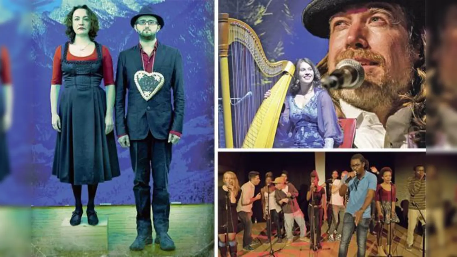 Mit dabei bei der Abschlussveranstaltung von »Münchner Künstler bekennen Farbe«: Alpen Klezmer mit Initiatorin Andrea Pancur (links), Harpedelic (rechts oben) und das multikulturelle Kollektiv »Poetricks«.	 (Fotos: VA)