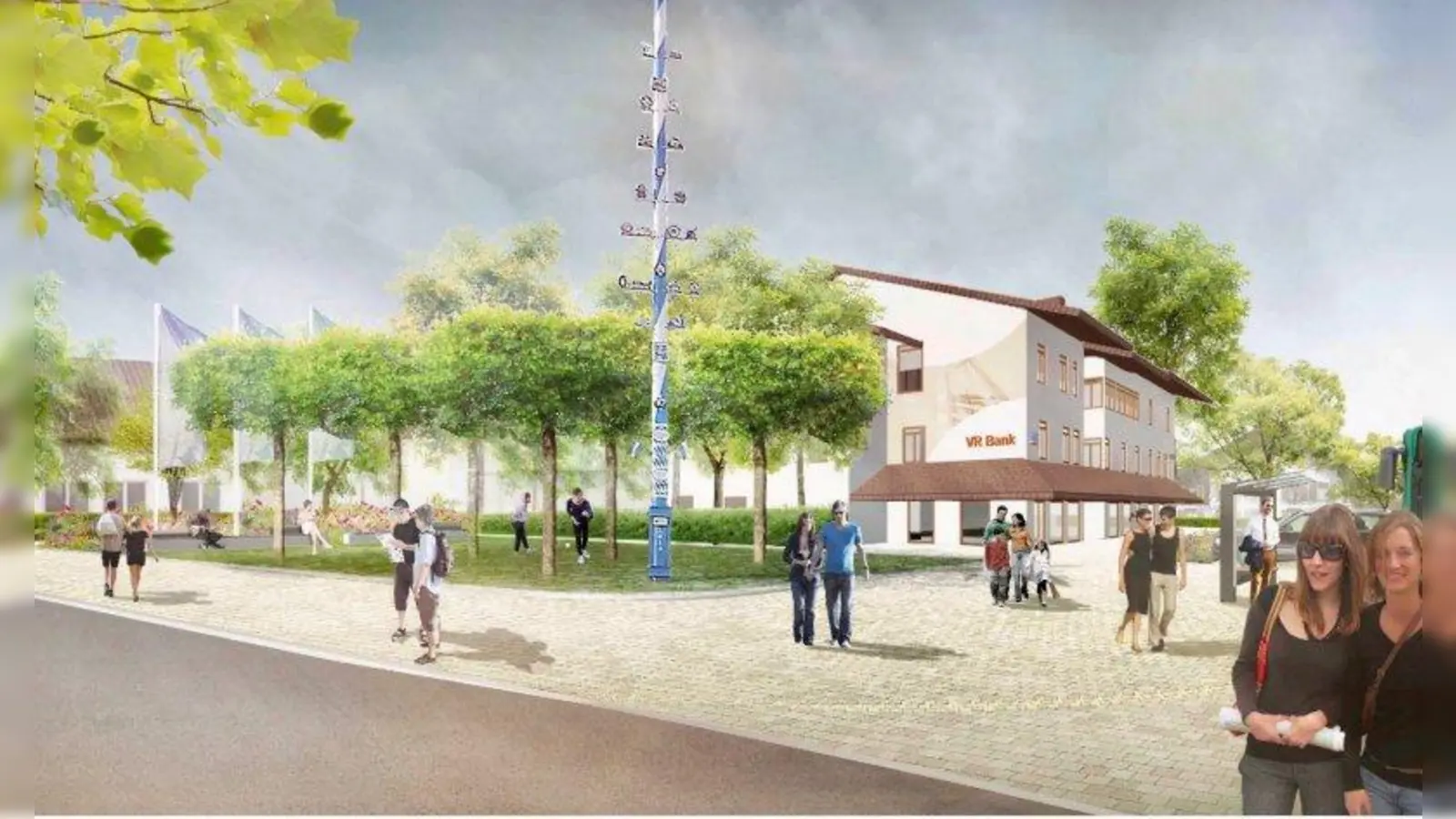 Seit acht Jahren plant und diskutiert Krailling über die Ortsmittegestaltung. Auch der Paulhan-Platz soll umgestaltet werden. Künftig könnte er eine Schotterfläche haben und von Platanen umsäumt sein. (Foto: Graphik: bbz landschaftsarchitekten)
