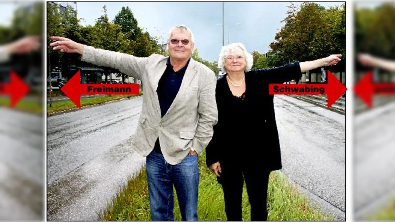Am Frankfurter Ring verläuft die Gemarkungsgrenze zwischen zwei Stadtteilen im Bezirksausschuss 12, Schwabing-Freimann: Der BA-Vorsitzende Werner Lederer-Piloty und seine Frau Petra Piloty deuten den Weg.	 (Foto: ws)