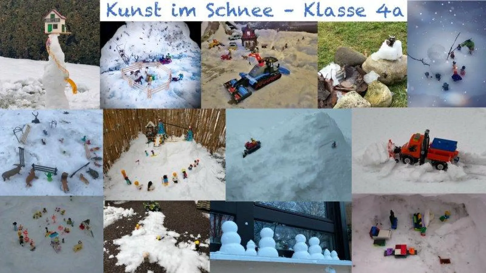 Kreativer „Home”-Kunstunterricht: Die Martinsrieder Grundschüler schufen Kunstwerke im Schnee. Konrektor Karl-Heinz Schmid hat die Fotos als Collage zusammengesetzt. (Foto: Karl-Heinz Schmid)