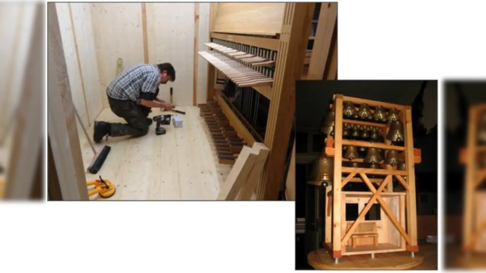 Der Spieltisch bei der Fertigstellung (oben). Gut zu erkennen: die Spielstäbe, die mit der Faust geschlagen werden. Rechts: das gesamte Carillon im Modell. Der Spieltisch ist hinter dem Balkenkreuz zu erkennen.	 (Foto: Matthias Nauerth, Gabriele Heigl)