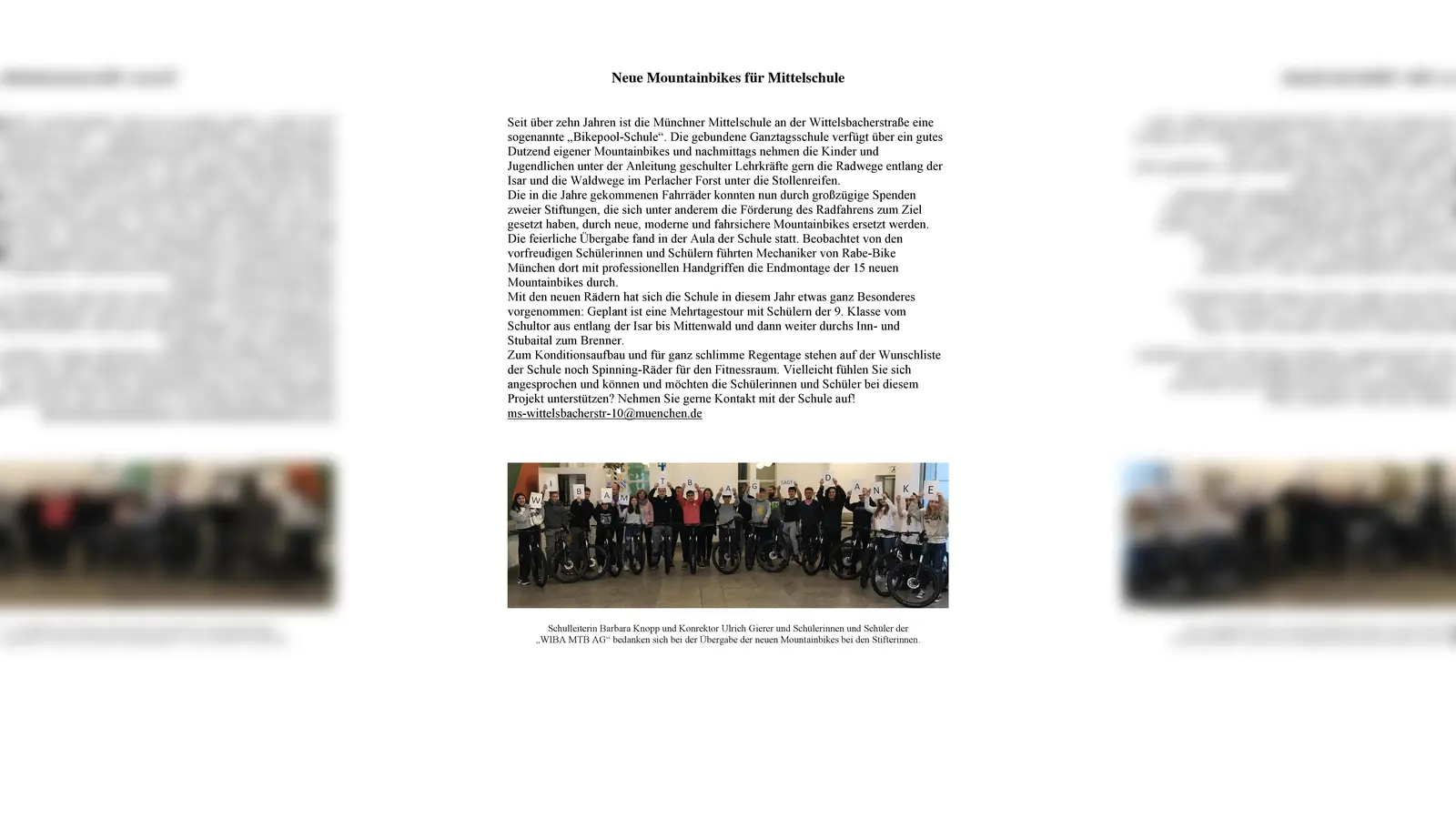 Schulleiterin Barbara Knopp und Konrektor Ulrich Gierer und Schülerinnen und Schüler der „WIBA MTB AG“ bedanken sich bei der Übergabe der neuen Mountainbikes bei den Stifterinnen. (Foto: Schule)