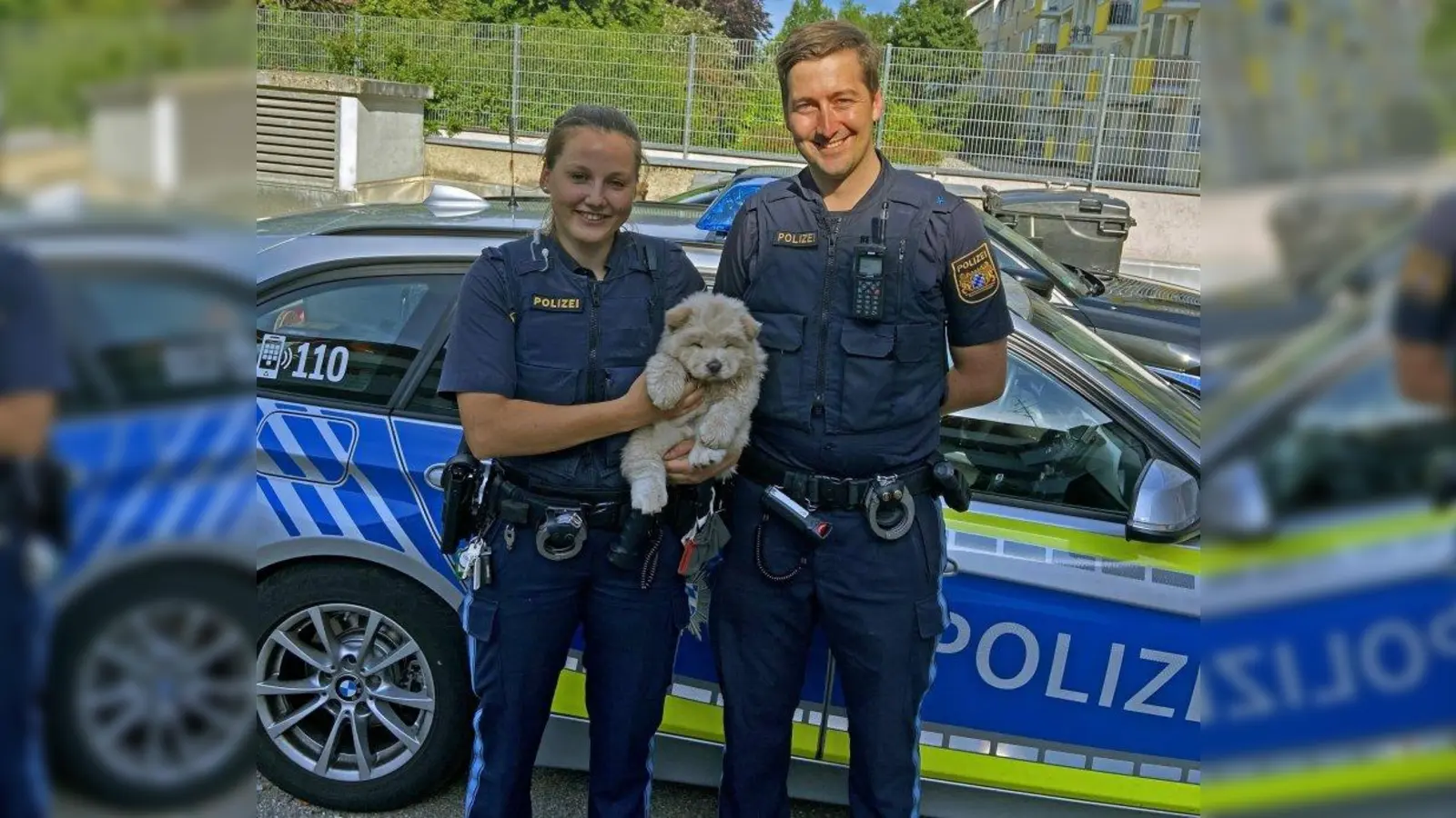 Zwei Beamte der Polizeiinspektion 15 gemeinsam mit dem geretteten Chow Chow Welpen. (Foto: PI 15)