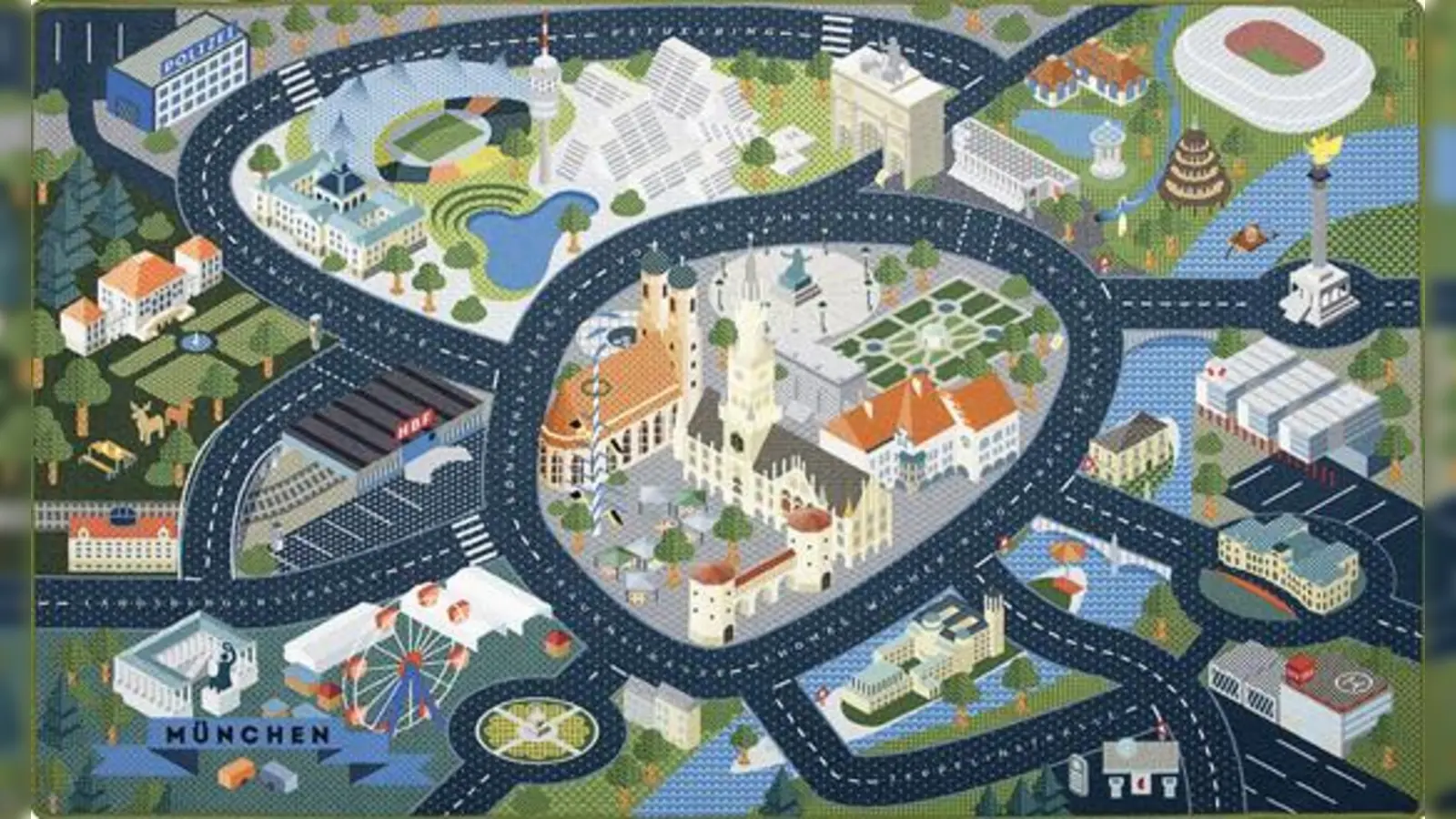 Von Allianz Arena bis Viktualienmarkt  der Spielteppich versammlt beliebte Münchner Wahrzeichen. Auch Polizei, Feuerwehr und Tankstelle dürfen nicht fehlen.	 (Foto: Heimatpiste)