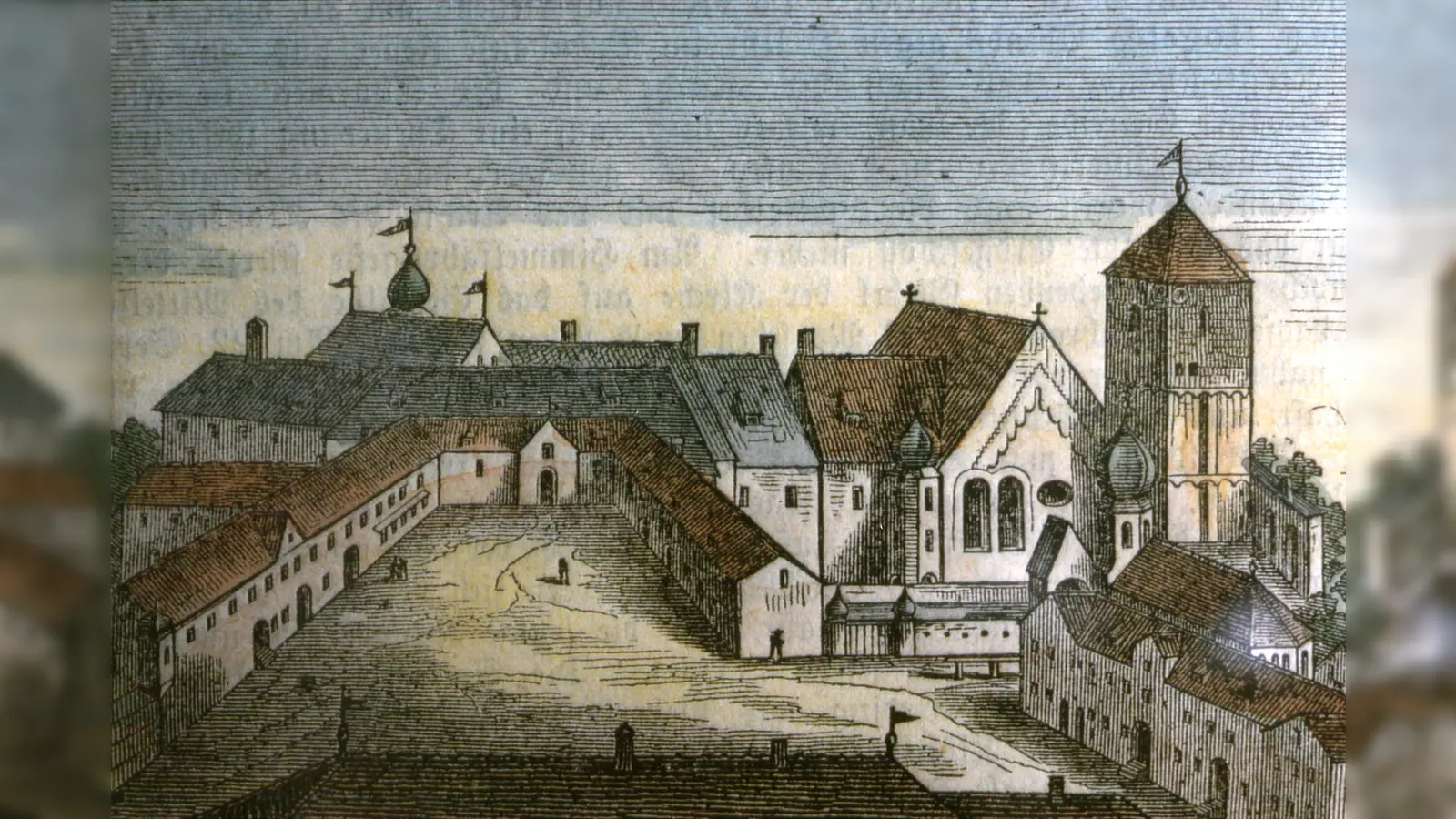 Marktplatz und Kloster Ebersberg – Ort eines furchtbaren Massakers während des 30-jährigen Krieges. Kolorierter Holzschnitt von 1869 nach einem Kupferstich von 1690.  (Foto: Historischer Verein für den Landkreis Ebersberg)