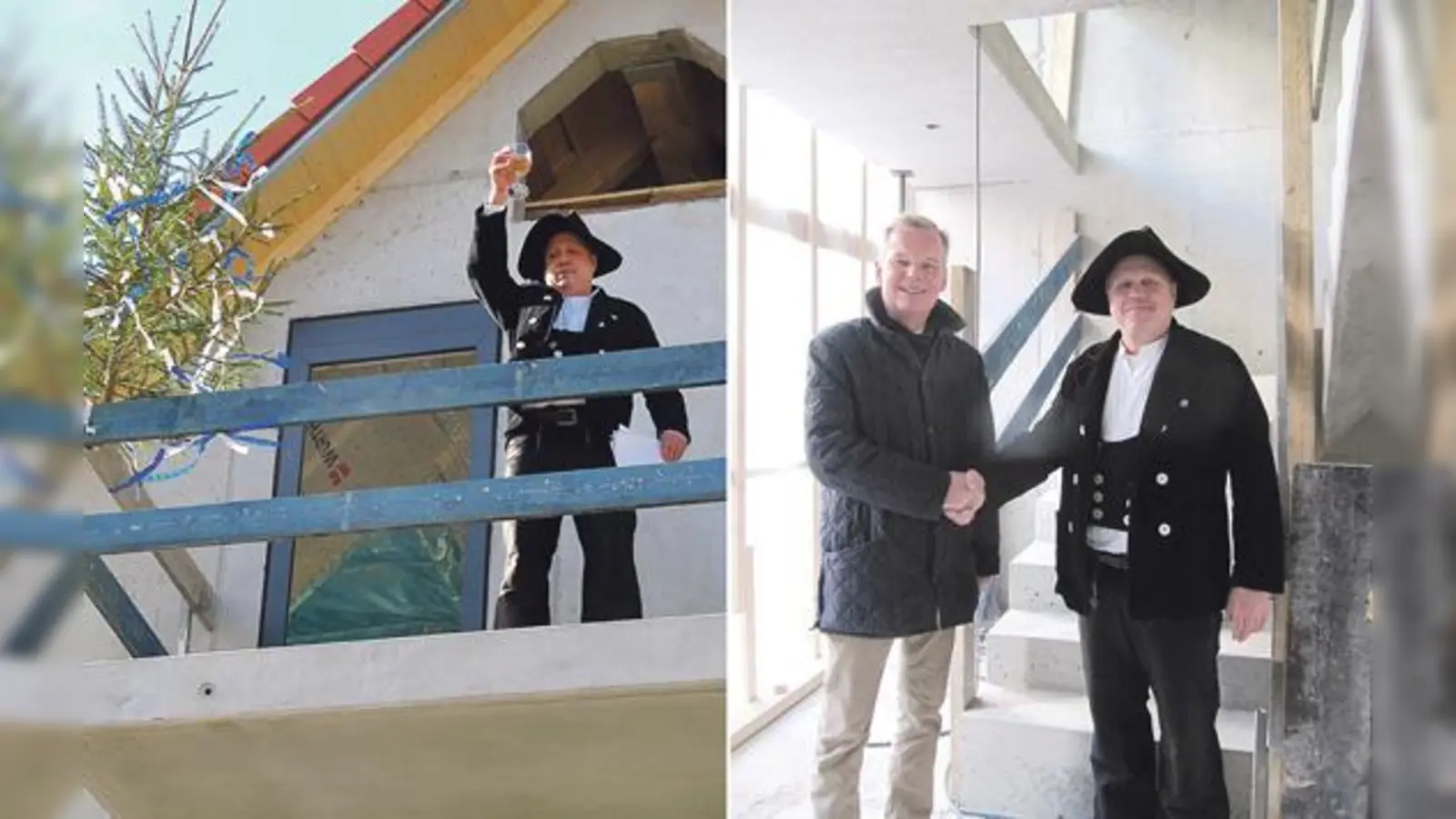 Der Zimmermann Andreas Kolbinger ließ beim Richtfest den Bauherren, die Gemeinde Grünwald, hier vertreten durch Bürgermeister Jan Neusiedl, hochleben.	 (Fotos: hw)