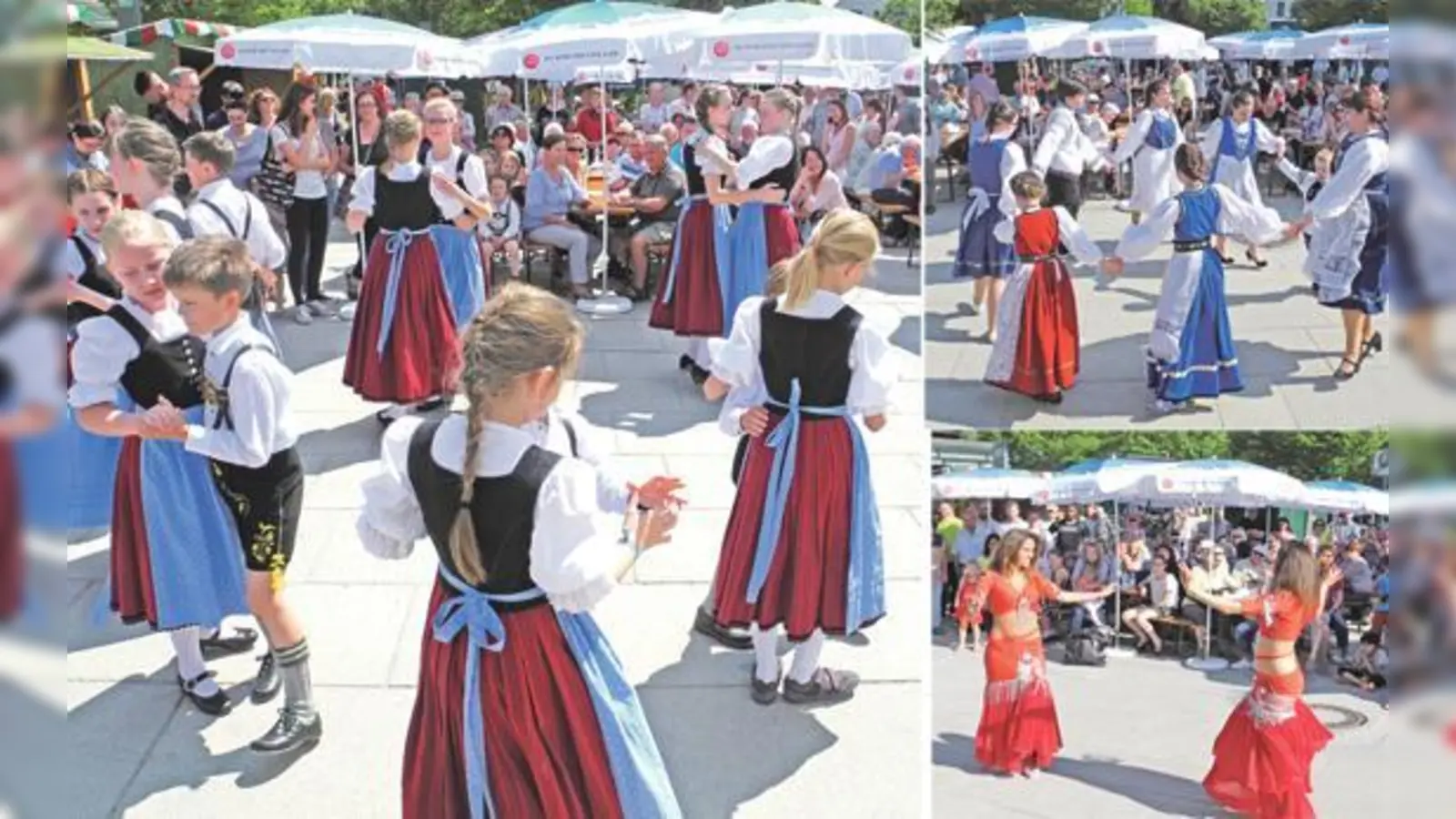 Die Großen und Kleinen des Heimatvereins Garching präsentierten sich in Tracht. Foto oben rechts: Die Siebenbürger Sachsen tanzten freudig auf dem Fest. Foto unten rechts: Orientalisch wurde es beim Bauchtanz des Duetts »Oriental Temptation«.  (F: VA)
