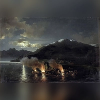 Besonders spektakulär sind Sonnwendfeuer auf einem See, hier auf einem Ölbild von Joseph Brunner. (Foto:  Joseph Brunner)