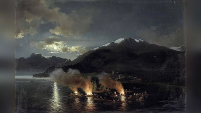 Besonders spektakulär sind Sonnwendfeuer auf einem See, hier auf einem Ölbild von Joseph Brunner. (Foto:  Joseph Brunner)