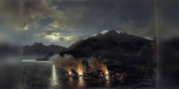 Besonders spektakulär sind Sonnwendfeuer auf einem See, hier auf einem Ölbild von Joseph Brunner. (Foto:  Joseph Brunner)