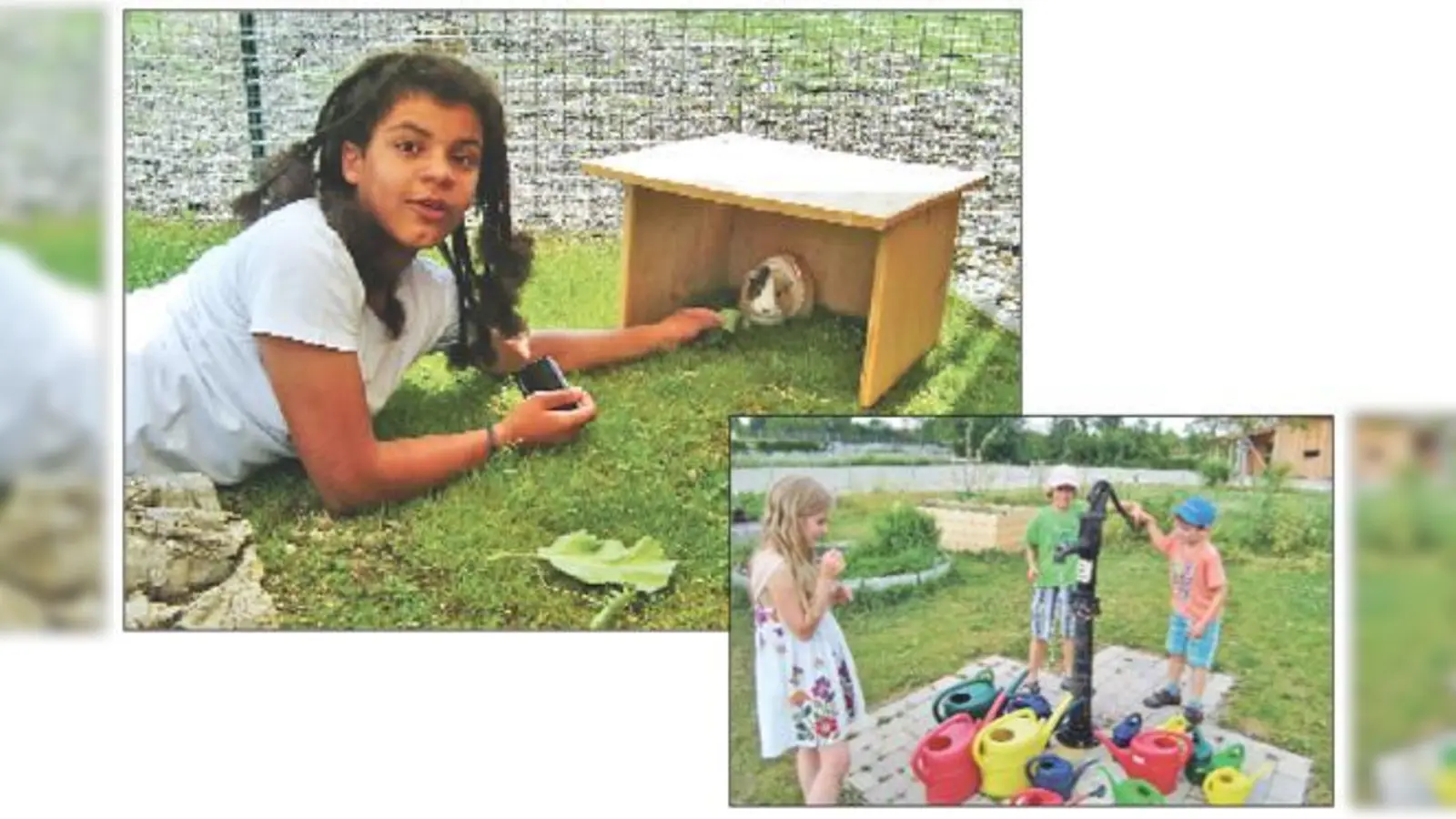 Das Meerschweinchen ziert sich, aber das macht Saran nichts aus; nette Fotos kann sie trotzdem machen (o.). Katharina, Luise und Philip haben sich beim Gießen offensichtlich viel vorgenommen (r.).	 (Fotos: hgb)