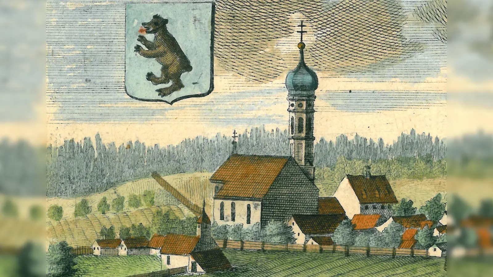 Die eben erst in barockem Erscheinungsbild neu errichtete Pfarrkirche Sankt Ägidius Grafing in einem altkolorierten Kupferstich Michael Wenings von 1701. (Foto: Archiv der Stadt Grafing)