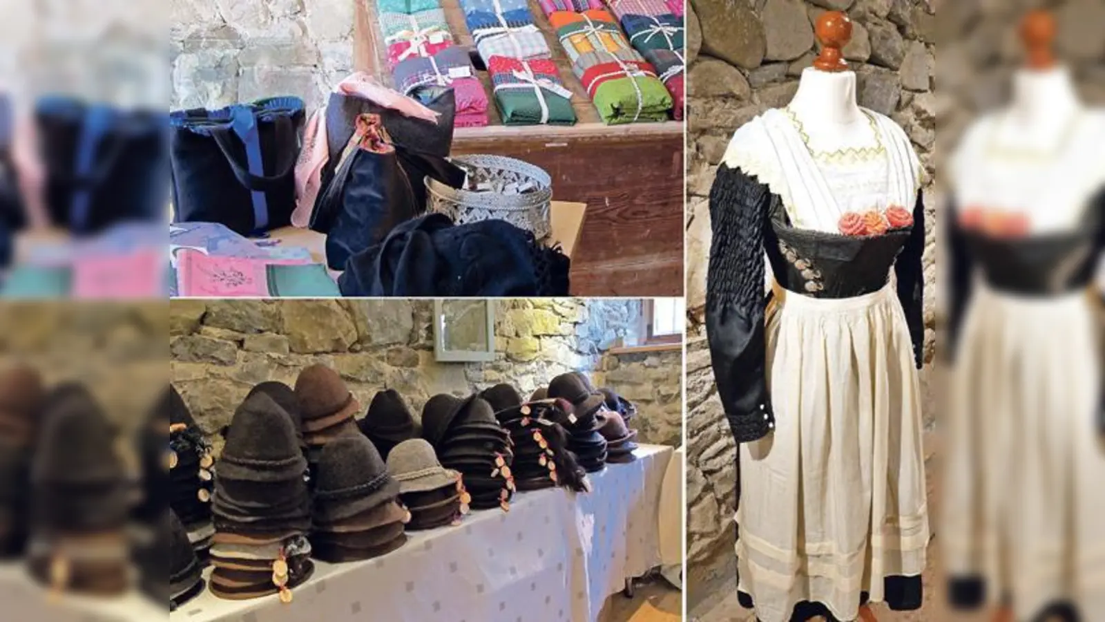  Taschen, Schürzen und der richtige Hut gehören zu einer vollständigen Tracht. Bild rechts: So kleidete man sich um 1800.  (Foto: Veronika Lammer/Dieter Schnöpf)