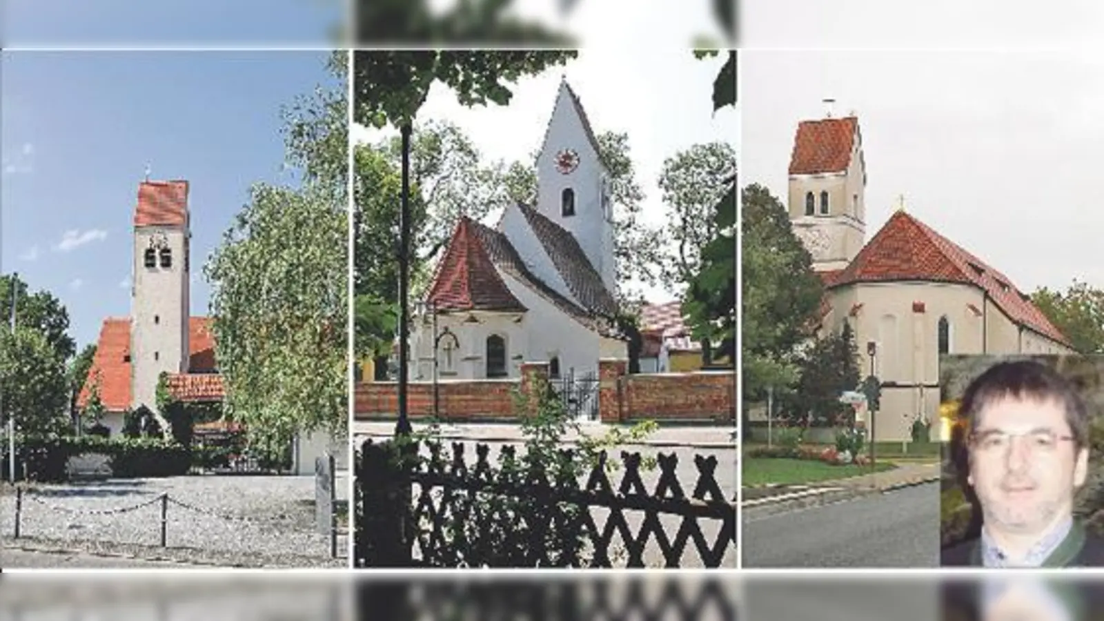 Die drei Kirchen des neuen Pfarrverbandes (von links nach rechts): St. Peter und Paul Aschheim, St. Margareta Dornach und St. Jakobus der Ältere Feldkirchen. Geistlicher Rat Konrad Eder (kleines Bild) leitet den Pfarrverband.	 (Foto: Stefan Keichel, bs)
