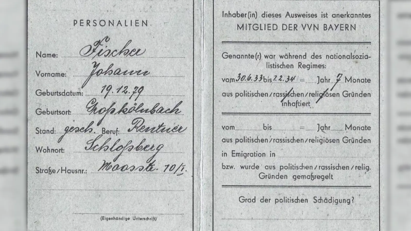 Bild 3: Mitgliesausweis der VVN Bayern (Foto: Archiv Demmel)