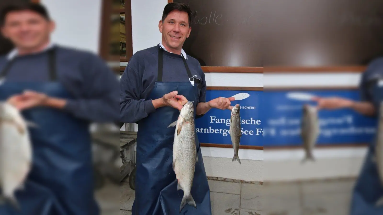 Fischer Peter Andrä zeigt die Riesen-Renke mit zweieinhalb Kilo, im Vergleich dazu eine 200 Gramm schwere. (Foto: H.P. Höck)