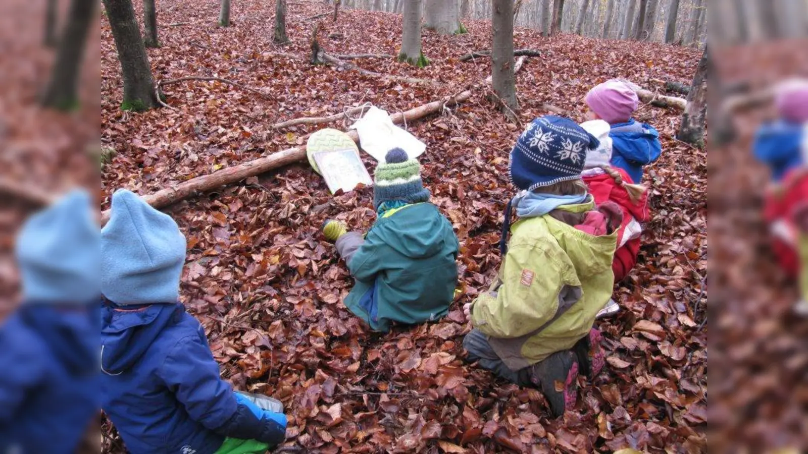 Gemütlich auf dem herbstlichen Laub sitzen und spannende Geschichten hören, das war der bundesweite Vorlesetag für die Kinder des Waldkindergartens. (Foto: Waldkindergarten Wörthsee)