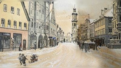 Stillleben von 1940: Die Freisinger Hauptstraße wird von Schnee befreit, während Kinder sich noch mit ihrem Schlitten vergnügen. (Foto: R. Lex)