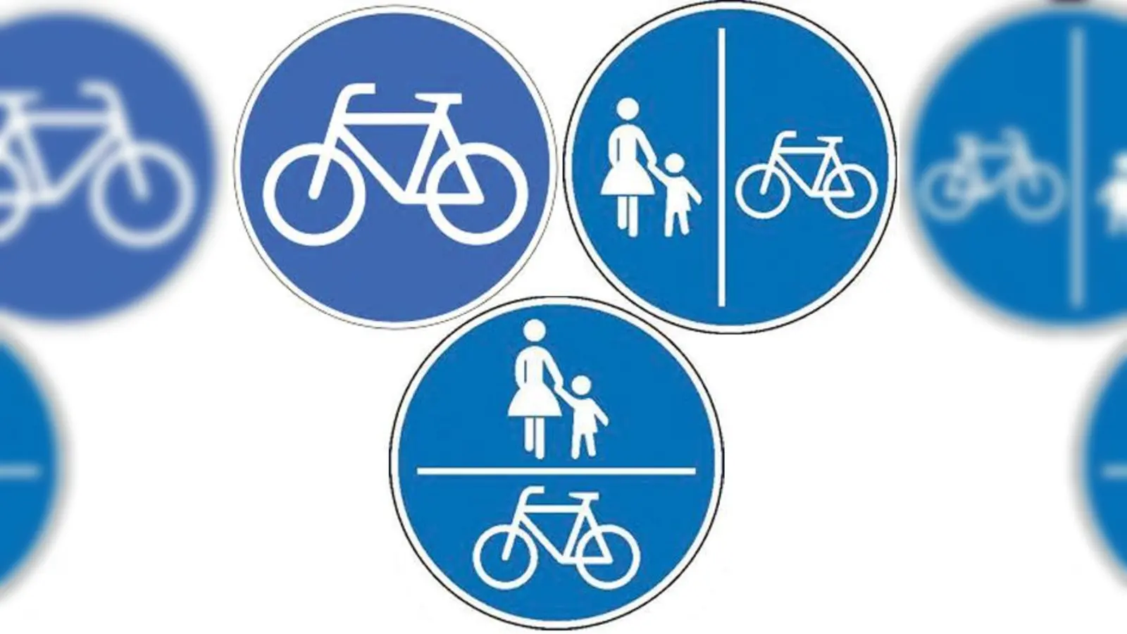 Zeichen 237: Sonderweg für Radfahrer. Zeichen 241: getrennter Fuß- und Radweg. Zeichen  (Foto: gemeinsamer Fuß- und Radweg)