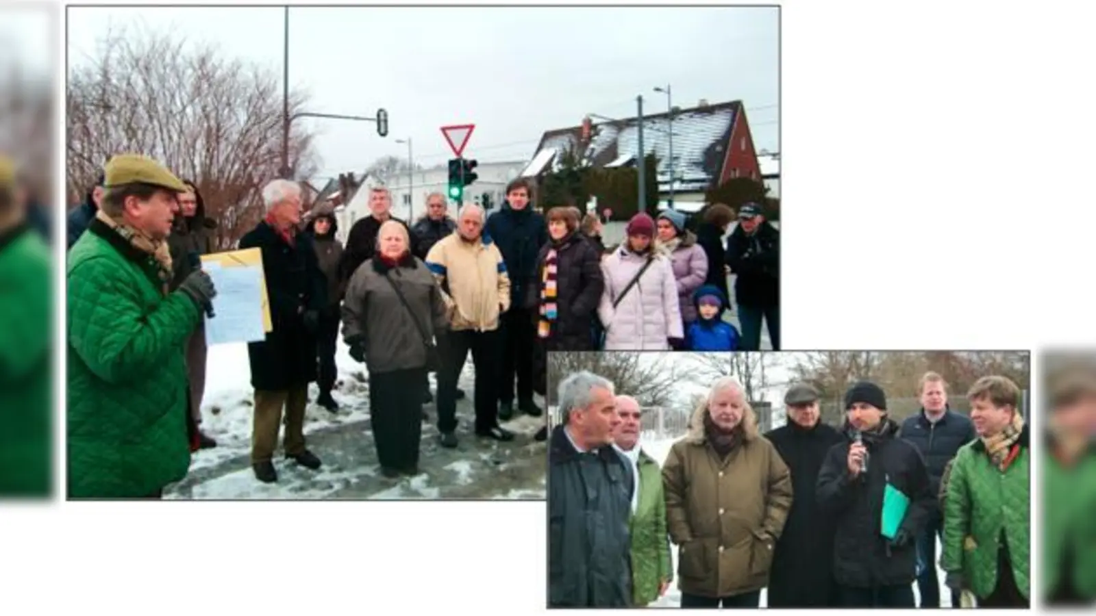 Oben: Stadtrat Brannekämper (links) hatte den Ortstermin organisiert. Rechts: Auch Minister Ludwig Spaenle, MdL Thomas Zimmermann, Stadtrat Mario Schmidbauer und MVG-Projektleiter Gunnar Heipp  erörterten die Beschwerden zum Lärm (von links).  (Fotos: ikb)