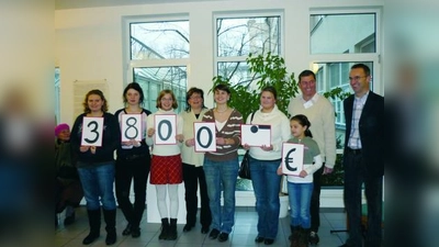 Spender und Empfänger freuen sich gleichermaßen: (v.l.) Manuela Soller, Katja Kolb (beide Gruppenleiterinnen in der Pfarrei Leider Christi), Christine Memminger, Lisa Stritzl-Goreczko, Anna Steinbügl, Regina Steinbügl (Gruppenleiterin), Hans Kiel, Christian Leibhard (Mitarbeit Vorstand Elterninitiative) und Katharina Leibhard (vorne), ehemalige Patientin der Kinderkrebsstation. (Foto: pi)