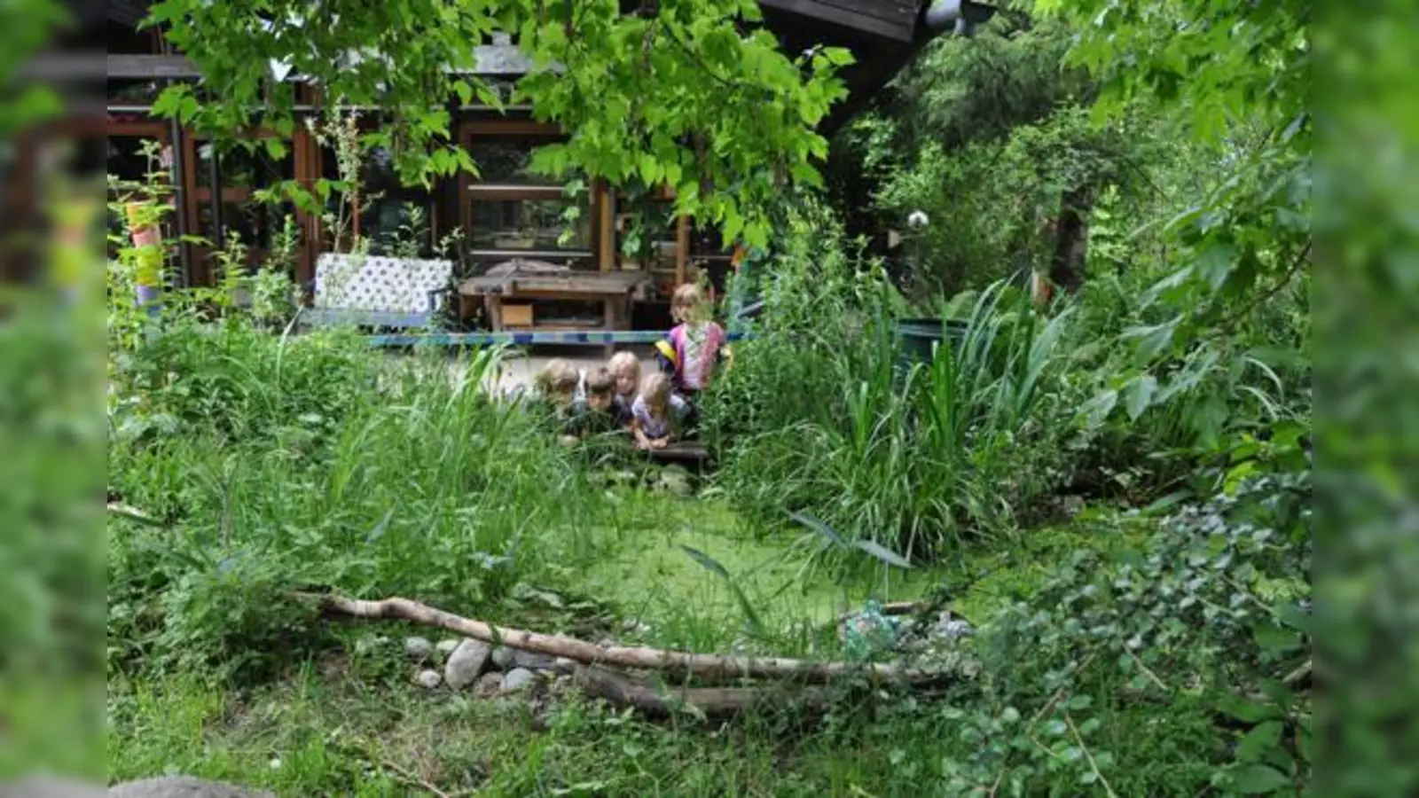 Auf dem Bauch liegend lugen die Kinder in den Teich, in dem es immer etwas Neues zu  entdecken gibt.	 (Foto: sf)