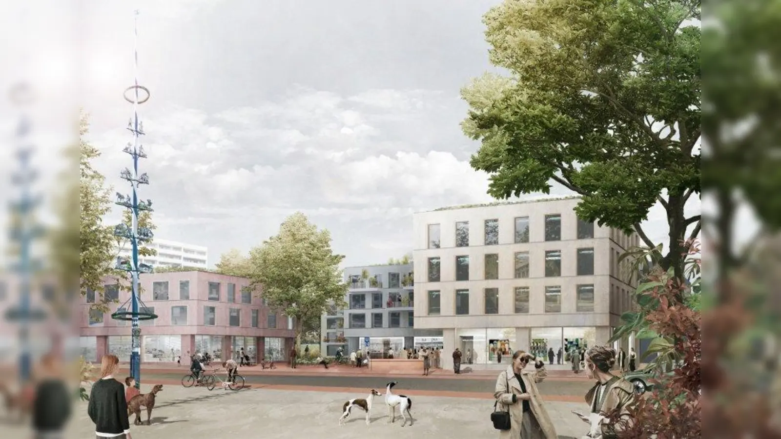 So stellen sich die Preisträger den Bereich um das Ladenzentrum in der Wiesentfelser Straße vor. (Foto: N-V-O Architekten, MLA+, Treibhaus Landschaftsarchitektur)