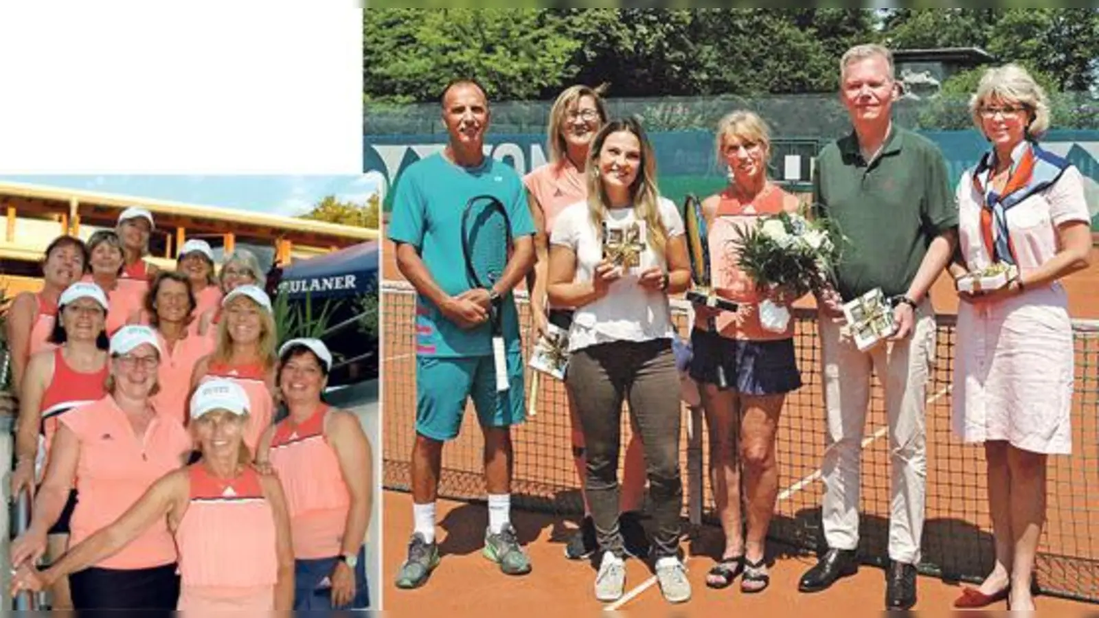 Jan Neusiedl (2.v.r.) gratulierte den Tennis-Damen 40 und Melanie Elter (3.v.li.) zur erfolgreichen Tennissaison 2018, die mit einem Aufstieg gekrönt wurde. Foto li.: Die Tennisdamen aus Grünwald konnten die Früchte ihrer Arbeit gebührend feiern.  (F: VA)