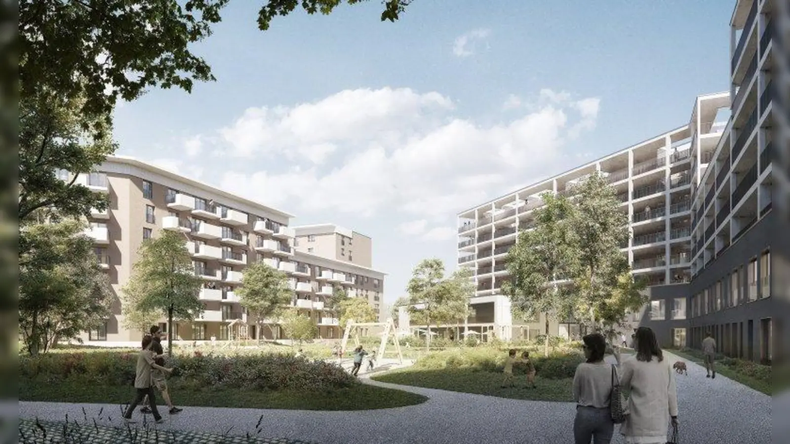 So soll es aussehen, wenn es fertig ist: das neue Wohngebeit am südlichen Oberwiesenfeld. Insgesamt sollen hier über 600 Wohnungen für Staatsbedienstete entstehen. (Foto: léonwohlhage Architekten /Visualisierung: bloomimages)