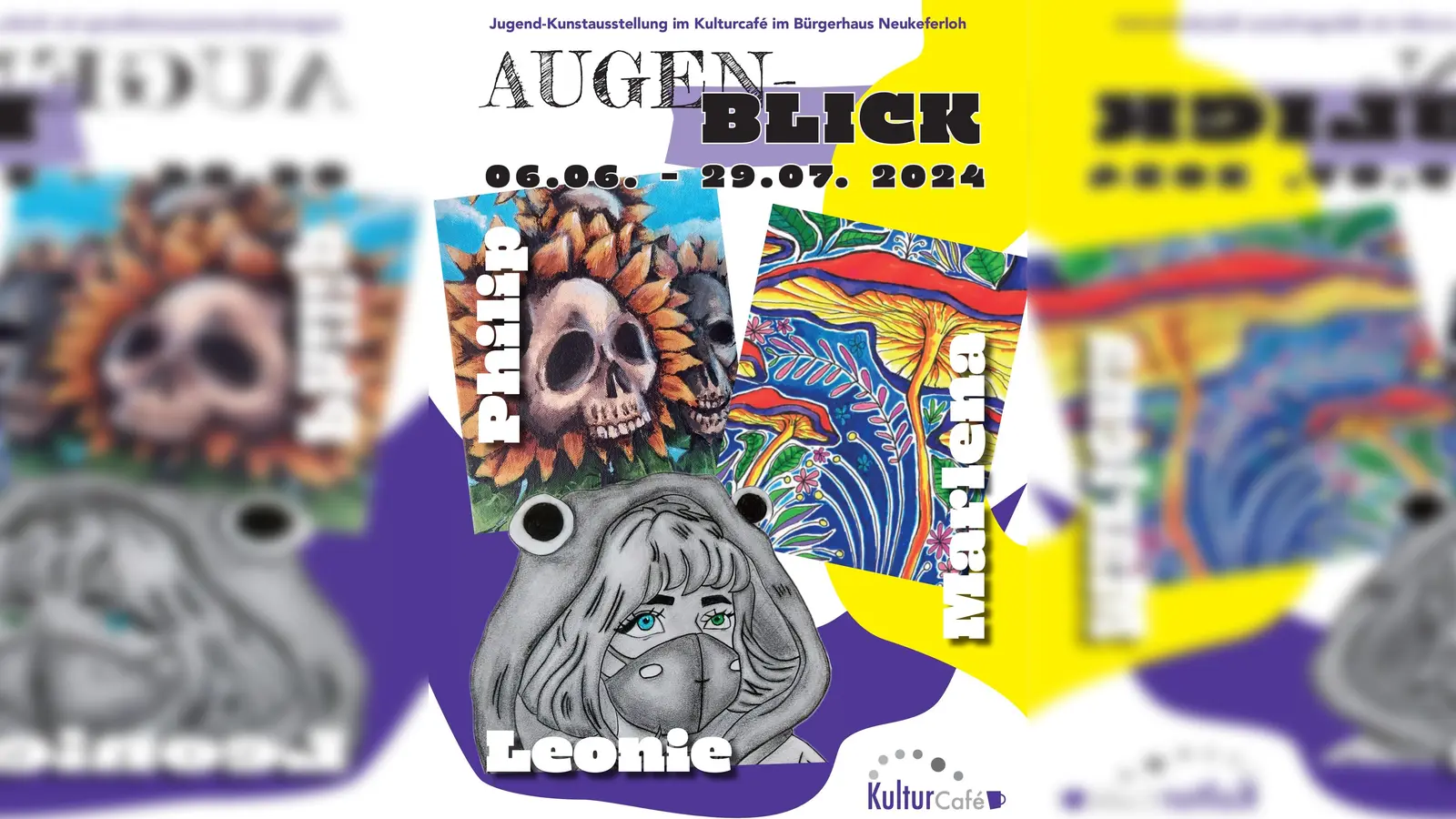 Unter dem Titel „Augen-Blick” präsentieren drei jugendliche Künstlerinnen und Künstler eine Auswahl ihrer Bilder im Kulturcafé Neukeferloh. (Foto: Gemeinde Grasbrunn)