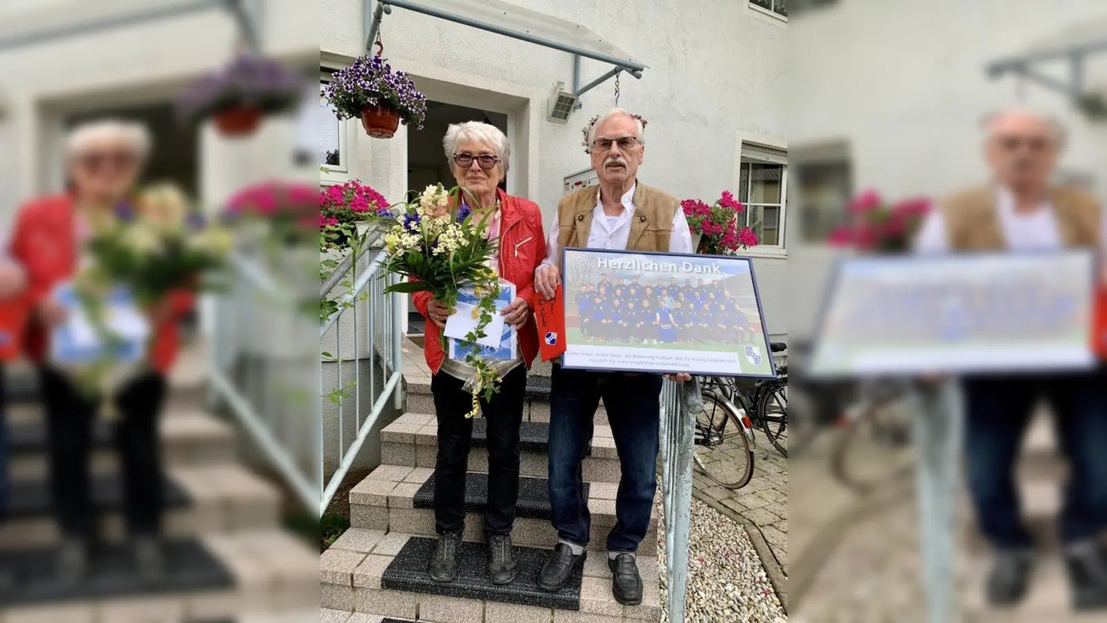 Abschied im kleinen Kreise: Die Eheleute Vroni und Hans Maar legten ihre Ämter im SV Inning nach 63 Jahren nieder. Die Übergabge der Geschenke fand Coronabedingt im kleinen Kreise statt. Eine ordentliche Grillfeier würde es aber nach weiteren Lockerungen natürlich geben, so Hans Maar. (Foto: SV Inning)