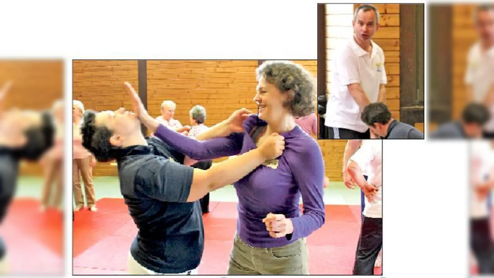 Silvia Oszwald, Trainerin der Anzinger Karatekas, zeigt einer Teilnehmerin einfache Abwehrtechniken gegen einen Angreifer. Der Kripo-Beamte Andreas Fernberger (kl. Foto) gibt Verhaltenstipps für Gefahrensituationen. 	 (Foto: SV Anzing)