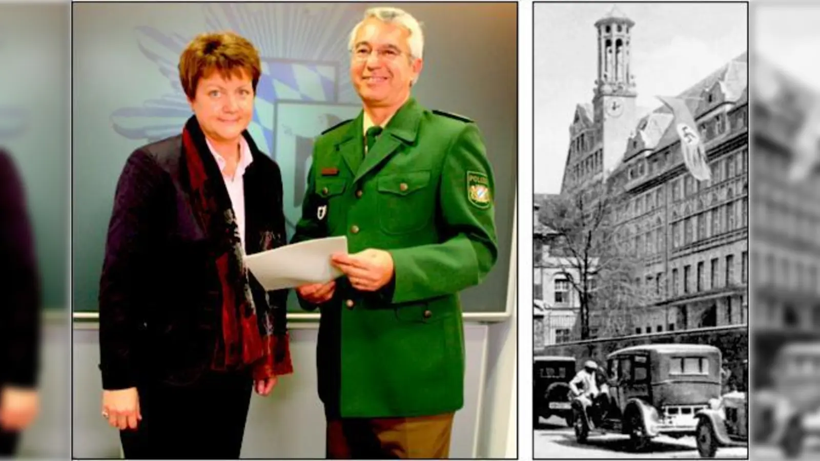 Die Rolle der Münchner Polizei unter dem Hakenkreuz (rechts das Präsidium in der Ettstraße) erforschen Polizeibeamte und Historiker: Dr. Irmtrud Wojak und Prof. Dr. Wilhelm Schmidbauer stellten die Kooperation vor.	 (Foto: ms, Stadtarchiv)